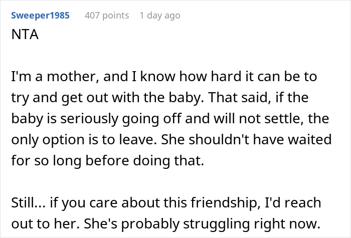 Comment on managing a crying baby at a friend's birthday, offering advice on handling the situation. Comment on managing a crying baby at a friend's birthday, offering advice on handling the situation.