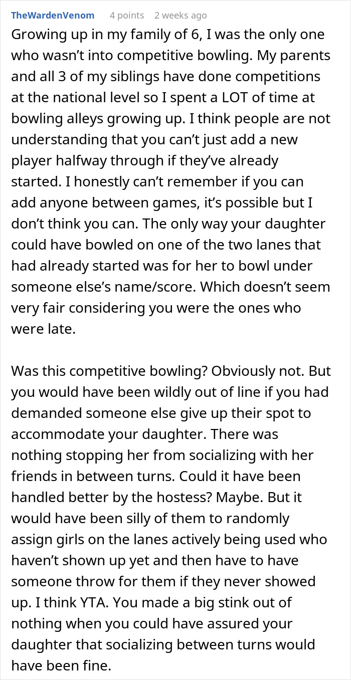 Text from an online discussion about a birthday party and competitive bowling. Text from an online discussion about a birthday party and competitive bowling.