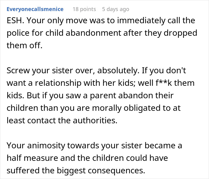 Text comment discussing child abandonment after a woman drops off her kids. Text comment discussing child abandonment after a woman drops off her kids.