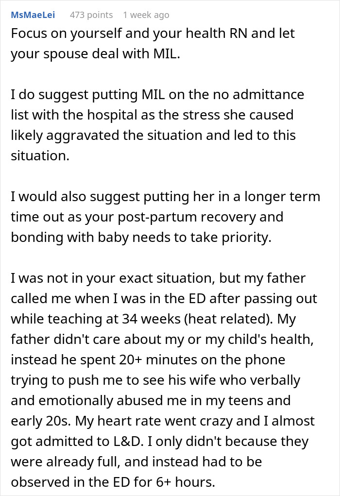 Text advice to pregnant woman in hospital, stressing to limit MIL visits for health reasons. Text advice to pregnant woman in hospital, stressing to limit MIL visits for health reasons.