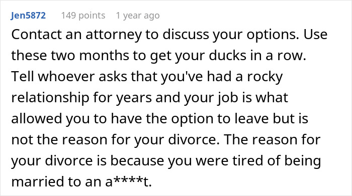Reddit post discussing advice on quitting a job or facing divorce, focusing on relationship and job dynamics. Reddit post discussing advice on quitting a job or facing divorce, focusing on relationship and job dynamics.