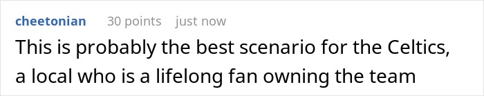 Comment discussing Celtics' ownership change to local fan, referencing recent investor-led sale. Comment discussing Celtics' ownership change to local fan, referencing recent investor-led sale.