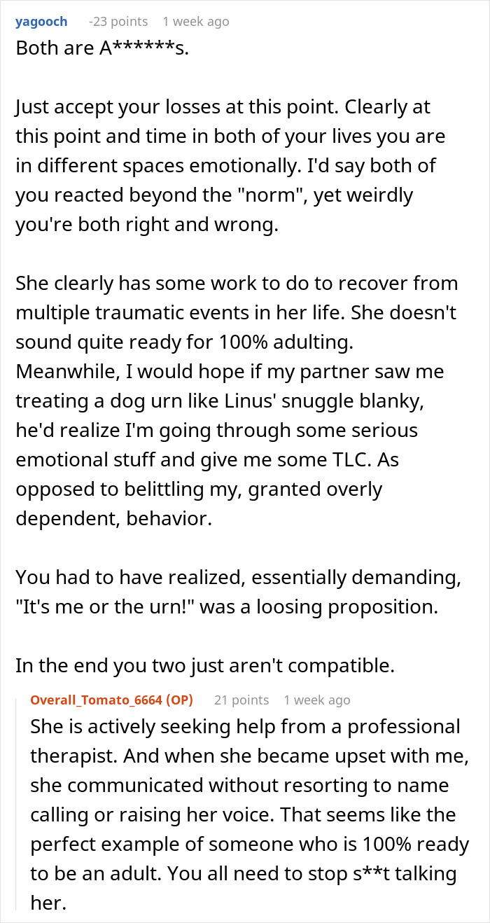 Reddit comment discussing a guy upset over girlfriend mourning her dog's ashes, mentioning emotional compatibility. Reddit comment discussing a guy upset over girlfriend mourning her dog's ashes, mentioning emotional compatibility.