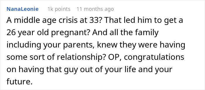 Comment discussing a man marrying ex-girlfriend’s cousin, mentioning pregnancy and family awareness. Comment discussing a man marrying ex-girlfriend’s cousin, mentioning pregnancy and family awareness.