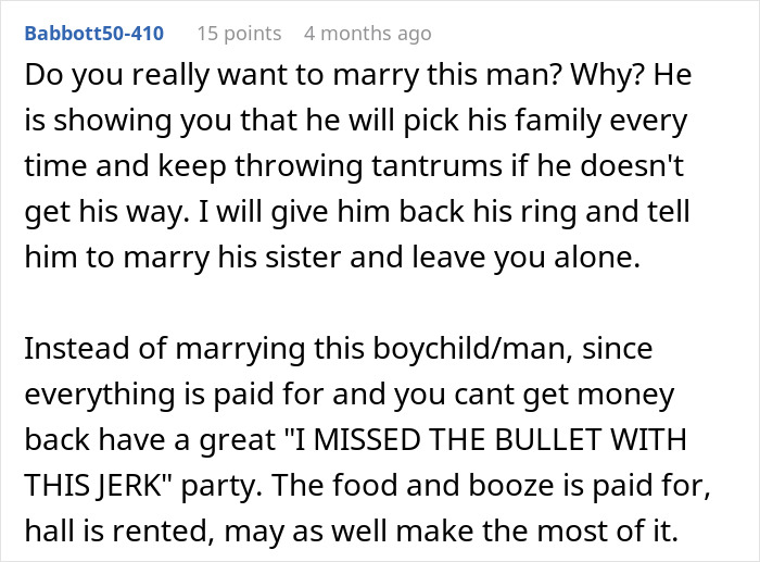 Text from a forum post discussing relationship advice about a woman, her fiancé, and wedding concerns. Text from a forum post discussing relationship advice about a woman, her fiancé, and wedding concerns.