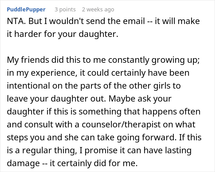 Reddit comment discussing advice for a mom whose daughter felt excluded at a birthday party. Reddit comment discussing advice for a mom whose daughter felt excluded at a birthday party.