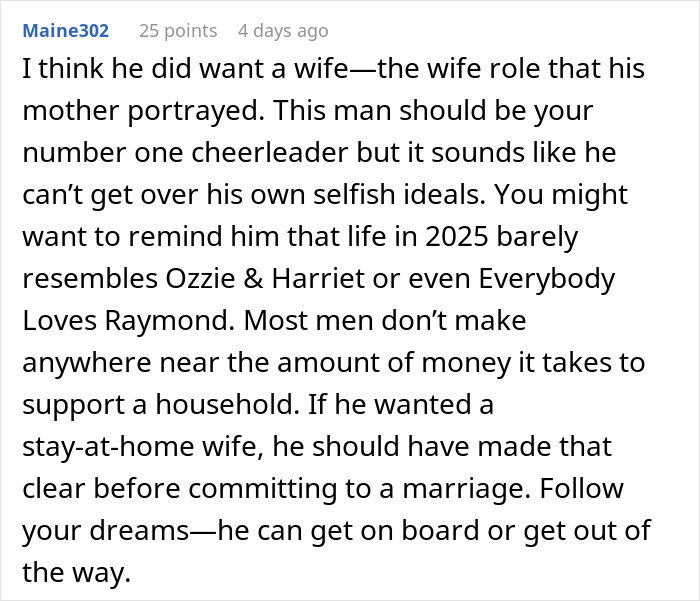 Reddit comment discussing marriage roles and supporting a spouse's career promotion. Reddit comment discussing marriage roles and supporting a spouse's career promotion.