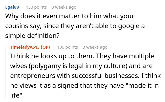Reddit comment thread about cultural views on polygamy as a status symbol. Reddit comment thread about cultural views on polygamy as a status symbol.