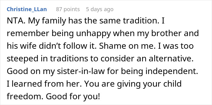 Comment discussing rejection of 100-year-old baby name tradition and family independence. Comment discussing rejection of 100-year-old baby name tradition and family independence.