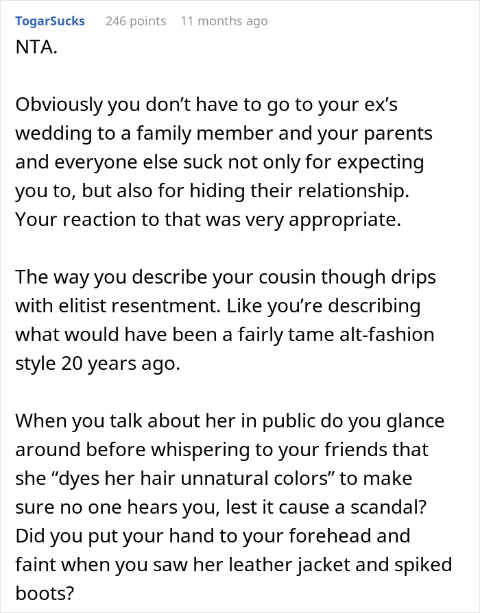 Online comment responding to a situation about a guy marrying his ex-girlfriend's cousin. Online comment responding to a situation about a guy marrying his ex-girlfriend's cousin.