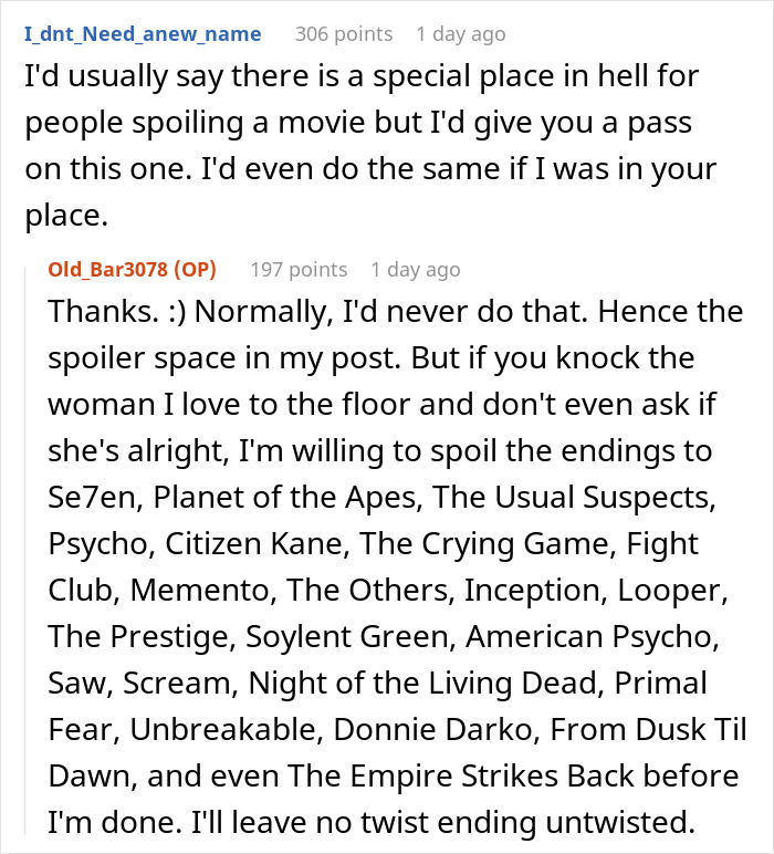 Reddit comments about movie spoilers and entitled moviegoer cutting the line, with a list of spoiled film endings. Reddit comments about movie spoilers and entitled moviegoer cutting the line, with a list of spoiled film endings.