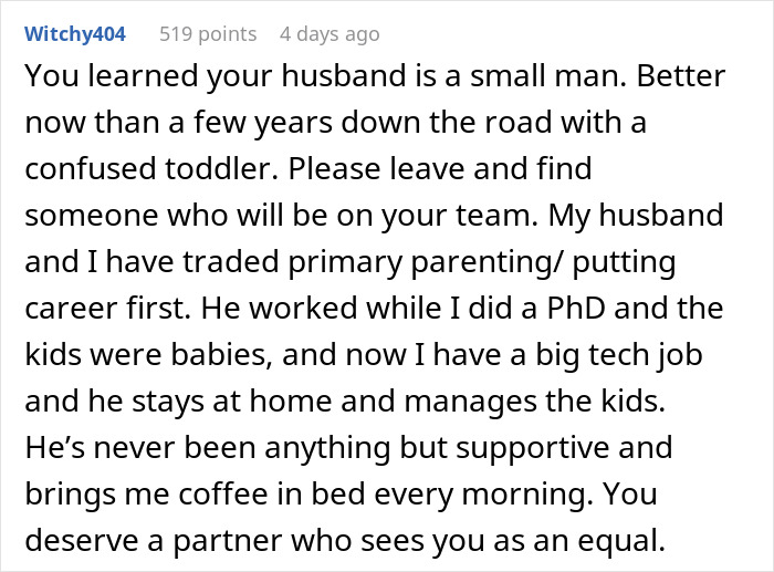 Comment discussing promotion conflict, husband dynamics, and supportive partnerships. Comment discussing promotion conflict, husband dynamics, and supportive partnerships.