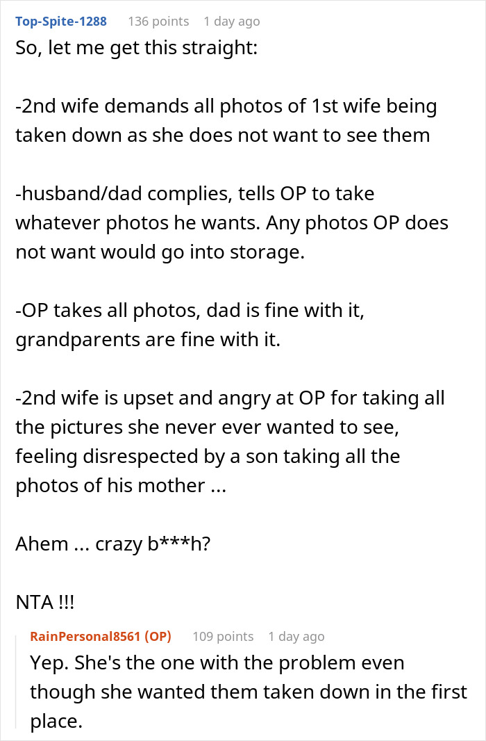 A woman wants to remove photos of her husband's late wife; his teen takes them to avoid disposal, causing tension. A woman wants to remove photos of her husband's late wife; his teen takes them to avoid disposal, causing tension.