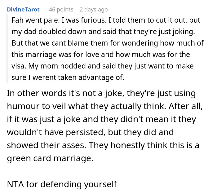 Reddit comment discussing parents' racist behavior towards son's Thai wife, questioning marriage motives. Reddit comment discussing parents' racist behavior towards son's Thai wife, questioning marriage motives.