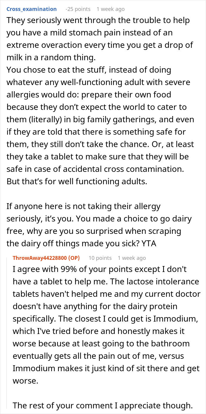 Reddit comment thread discussing public embarrassment over an allergy during a family gathering. Reddit comment thread discussing public embarrassment over an allergy during a family gathering.