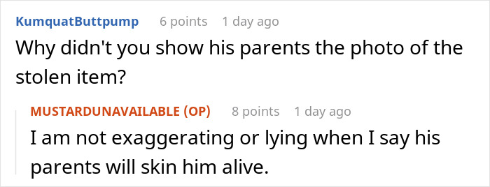 Reddit conversation about a stolen skillet with humorous comments about showing evidence to parents. Reddit conversation about a stolen skillet with humorous comments about showing evidence to parents.