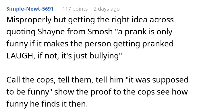 Reddit comment discussing a husband's prank on his wife, referencing bullying and a quote by Shayne from Smosh. Reddit comment discussing a husband's prank on his wife, referencing bullying and a quote by Shayne from Smosh.