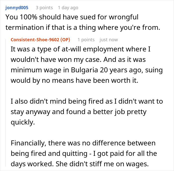 Text conversation about malicious compliance and getting fired from an at-will job in Bulgaria 20 years ago. Text conversation about malicious compliance and getting fired from an at-will job in Bulgaria 20 years ago.