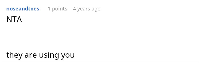 Reddit comment reading "NTA, they are using you" related to babysitting for low pay. Reddit comment reading "NTA, they are using you" related to babysitting for low pay.