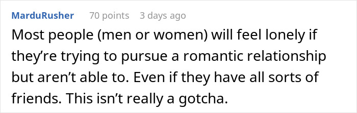 Comment discussing male loneliness epidemic and relationships on a forum. Comment discussing male loneliness epidemic and relationships on a forum.