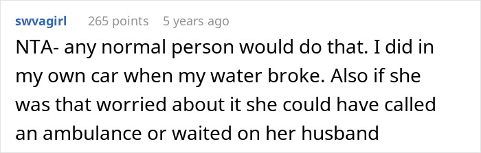 Reddit comment discussing a situation about waterproofing a car for a pregnant neighbor's ride. Reddit comment discussing a situation about waterproofing a car for a pregnant neighbor's ride.