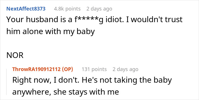 Reddit comments criticizing a husband's prank that endangered his wife's life, discussing trust issues with their baby. Reddit comments criticizing a husband's prank that endangered his wife's life, discussing trust issues with their baby.