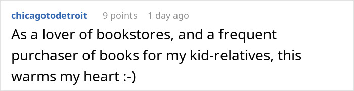 Text discussing love for bookstores and buying books for kids. Text discussing love for bookstores and buying books for kids.