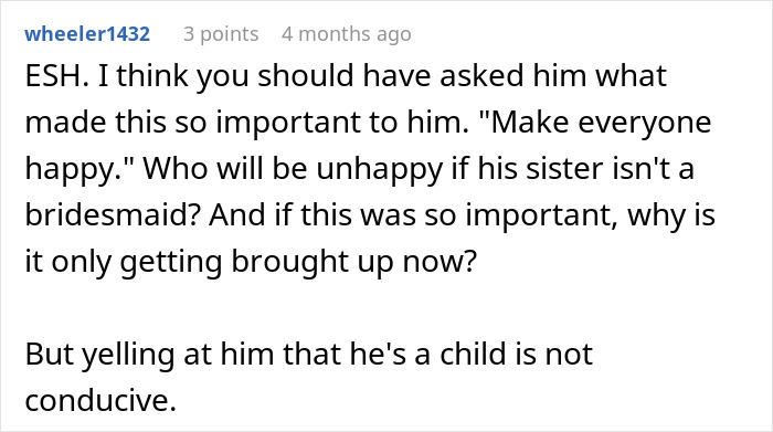 Text post discussing a woman questioning her wedding after fiancé sides with sister who bullies her. Text post discussing a woman questioning her wedding after fiancé sides with sister who bullies her.