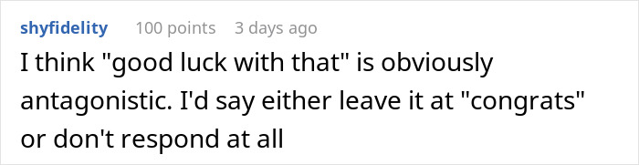 Comment discussing response options to pregnancy news. Comment discussing response options to pregnancy news.