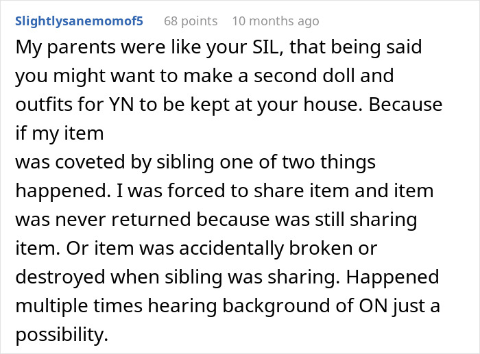 Comment on doll sharing issues, suggesting a second doll to prevent problems with siblings. Comment on doll sharing issues, suggesting a second doll to prevent problems with siblings.