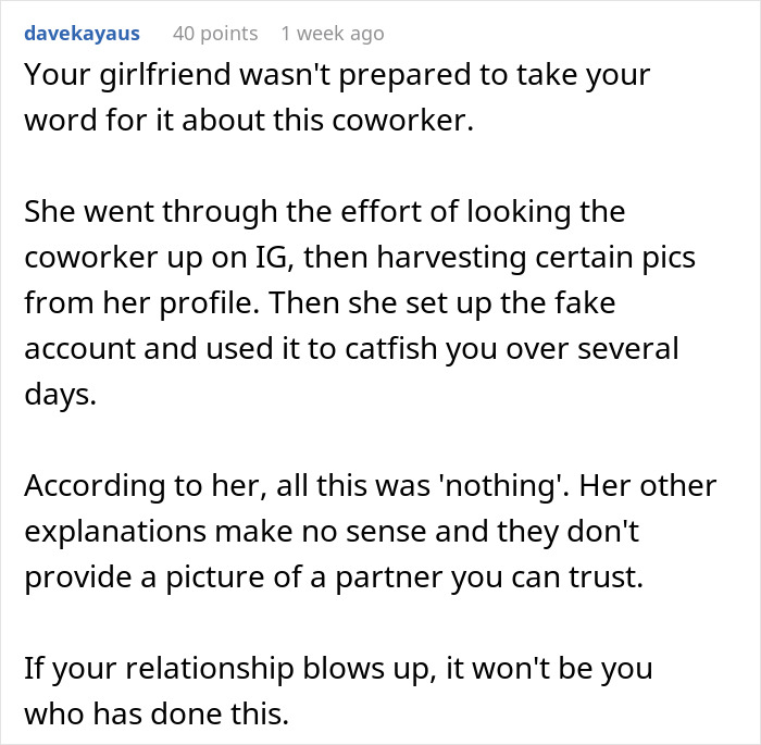 Text on a social media post discussing a girlfriend testing a boyfriend's loyalty using a fake Instagram account. Text on a social media post discussing a girlfriend testing a boyfriend's loyalty using a fake Instagram account.