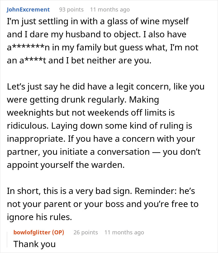 Reddit post discussing a boyfriend's refusal to get wine due to girlfriend's family alcoholism history, prompting debate. Reddit post discussing a boyfriend's refusal to get wine due to girlfriend's family alcoholism history, prompting debate.