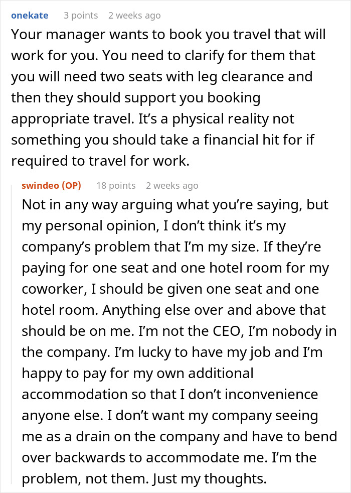Reddit discussion about travel accommodations for new hire needing extra space. Reddit discussion about travel accommodations for new hire needing extra space.