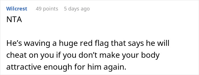 Comment on husband demanding wife go to gym to "tighten my tummy again" after birth, calling his behavior a red flag. Comment on husband demanding wife go to gym to "tighten my tummy again" after birth, calling his behavior a red flag.
