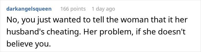 Comment discussing a neighbor's husband cheating, part of an AITAH conversation. Comment discussing a neighbor's husband cheating, part of an AITAH conversation.