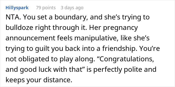 Text exchange about a woman ghosting a friend returning with pregnancy news, discussing boundaries and politeness. Text exchange about a woman ghosting a friend returning with pregnancy news, discussing boundaries and politeness.