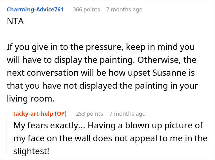 Reddit comments discussing unwanted paintings and displaying art due to pressure. Reddit comments discussing unwanted paintings and displaying art due to pressure.