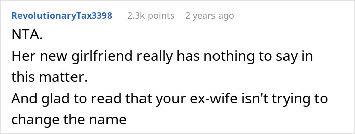 Comment on a partner's involvement in baby naming dispute, highlighting the father's decision and excluding new girlfriend's input. Comment on a partner's involvement in baby naming dispute, highlighting the father's decision and excluding new girlfriend's input.