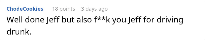 Comment on lost licence, highlighting mixed feelings about Jeff's driving incident. Comment on lost licence, highlighting mixed feelings about Jeff's driving incident.