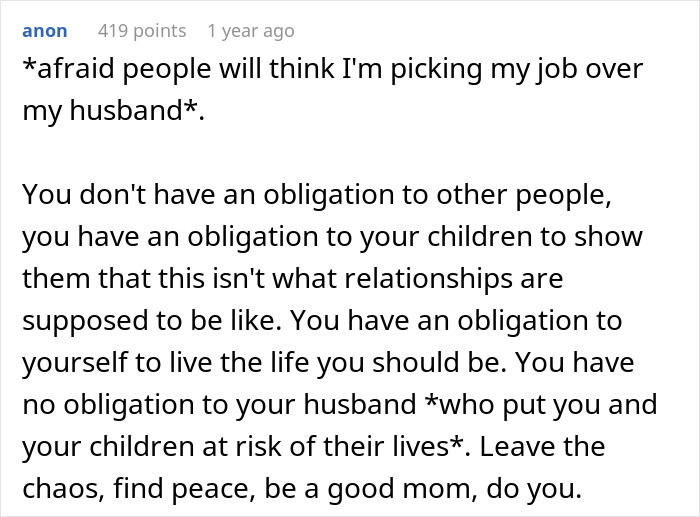 Reddit post advice on choosing between job and marriage, focusing on obligations to self and children over husband. Reddit post advice on choosing between job and marriage, focusing on obligations to self and children over husband.