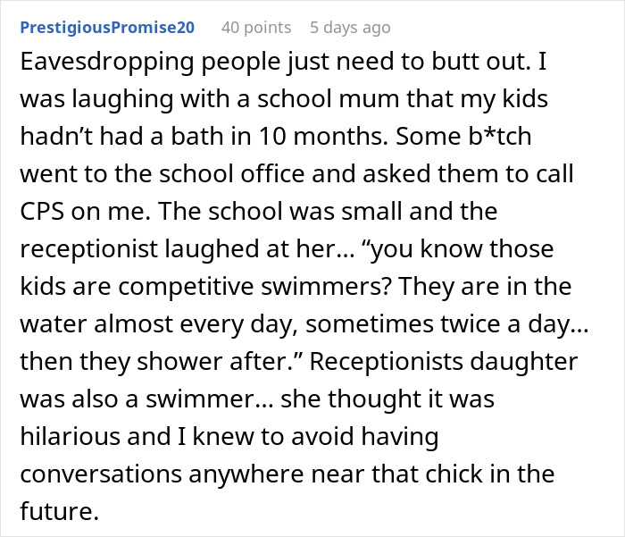 Text recounting a humorous misunderstanding about kids' bathing habits and a call to child services. Text recounting a humorous misunderstanding about kids' bathing habits and a call to child services.