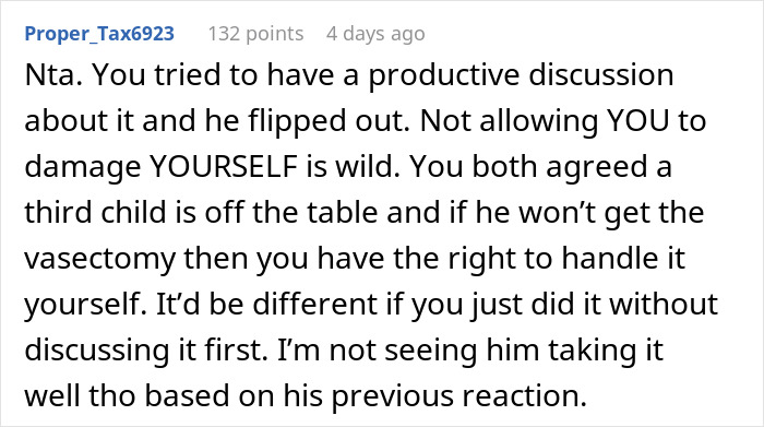 Comment discussing sterilization and relationship disagreement. Comment discussing sterilization and relationship disagreement.