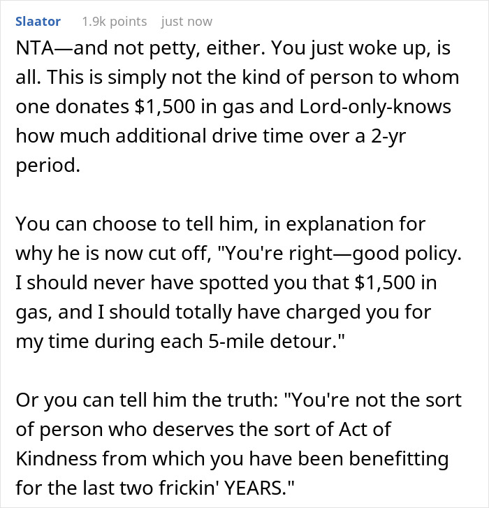 Text conversation about coworker being cut off after two years of free rides. Text conversation about coworker being cut off after two years of free rides.