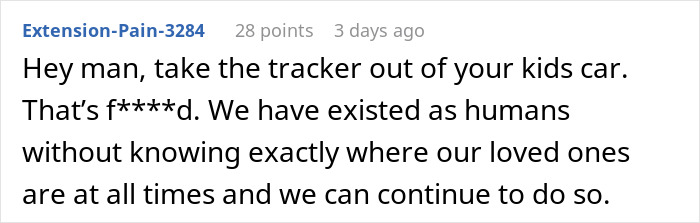 Comment advising against tracking loved ones, referring to secret monitoring concerns. Comment advising against tracking loved ones, referring to secret monitoring concerns.