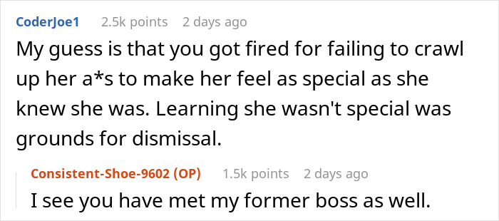 Comment thread on malicious compliance story about an egoistic boss and getting fired without regrets. Comment thread on malicious compliance story about an egoistic boss and getting fired without regrets.
