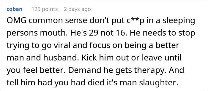 Online comment criticizing a husband's prank that nearly endangered his wife's life. Online comment criticizing a husband's prank that nearly endangered his wife's life.