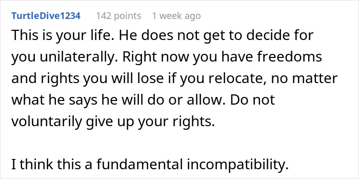 Reddit comment on marital disagreement over relocating to India, highlighting freedom and rights. Reddit comment on marital disagreement over relocating to India, highlighting freedom and rights.
