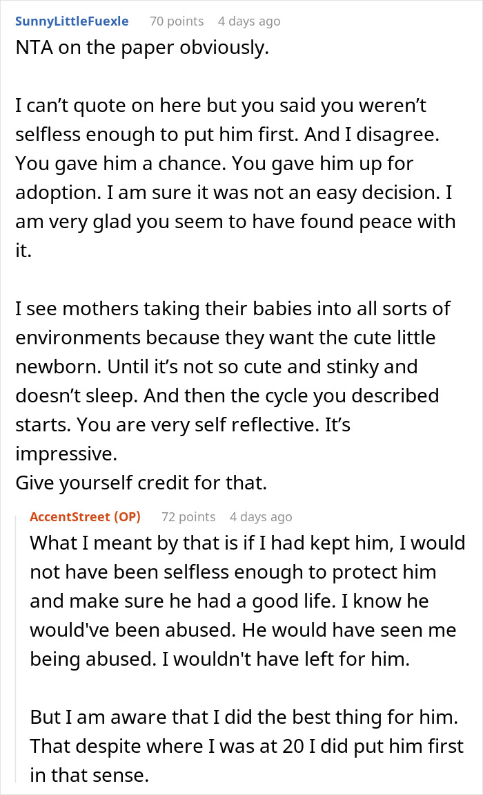 Reddit users discuss adoption decisions and selflessness in a comment thread. Reddit users discuss adoption decisions and selflessness in a comment thread.