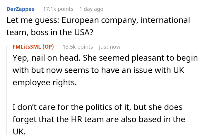 Text exchange discussing European employee and UK rights with an American boss. Text exchange discussing European employee and UK rights with an American boss.