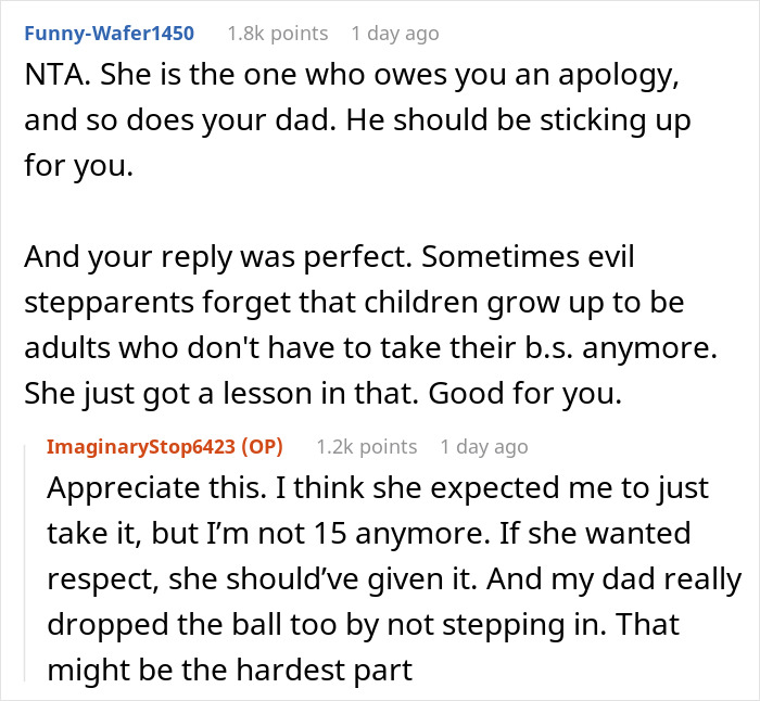 Reddit conversation about step-mom lesson, featuring comments on parental roles and respect boundaries. Reddit conversation about step-mom lesson, featuring comments on parental roles and respect boundaries.
